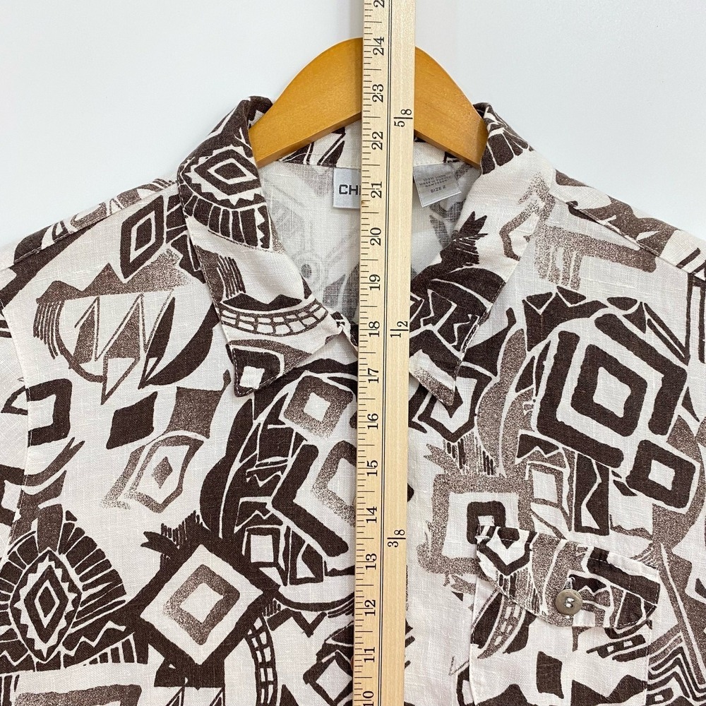 Chicos Shirt Large 2 Brown Linen Geometric Camp Top Gauze Safari Vacation Resort - Picture 8 of 9